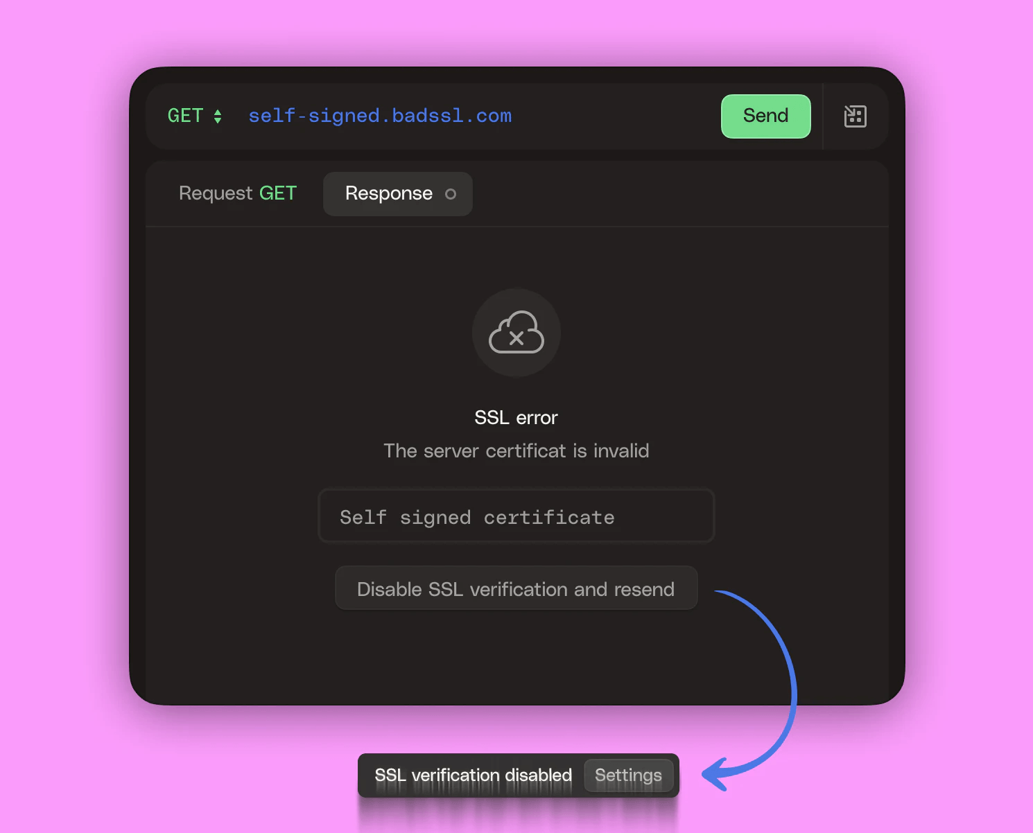 Turn off SSL verification in settings